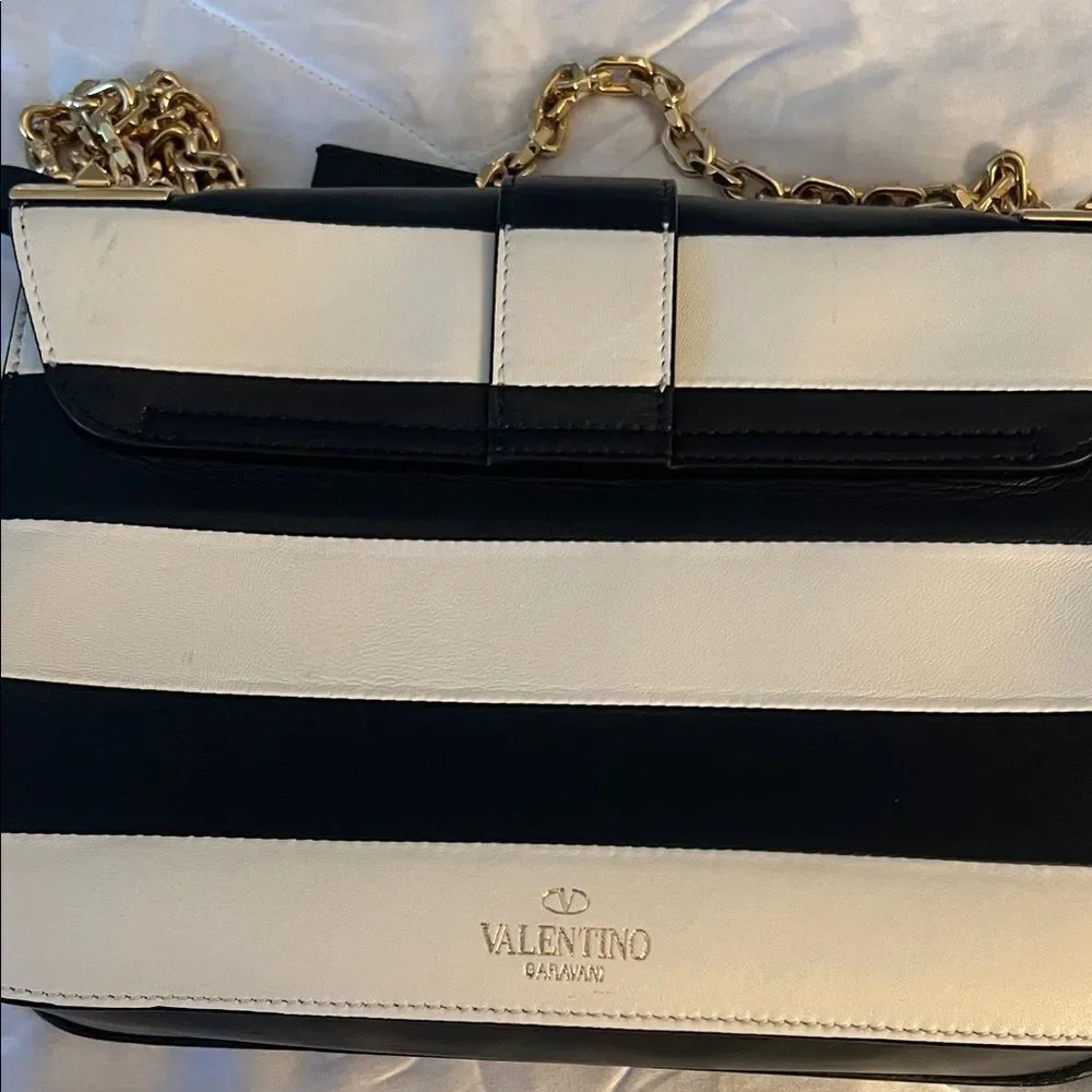 Valentino Garavani Napa Striped B-Rockstud Shoulder Bag with Gold Chain Strap